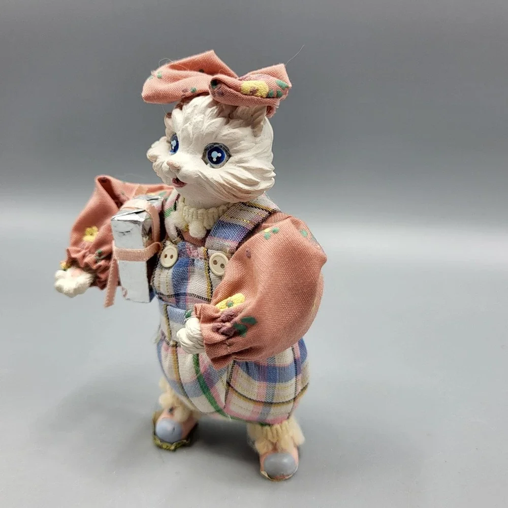Vintage Victoria Impex White Cat Doll Anthropomorphic Figurine Plaid Outfit 4